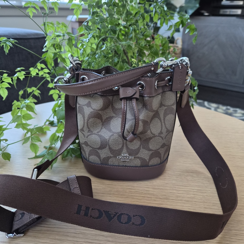 Coach Brown Signature Canvas Mini Bucket Crossbody Bag